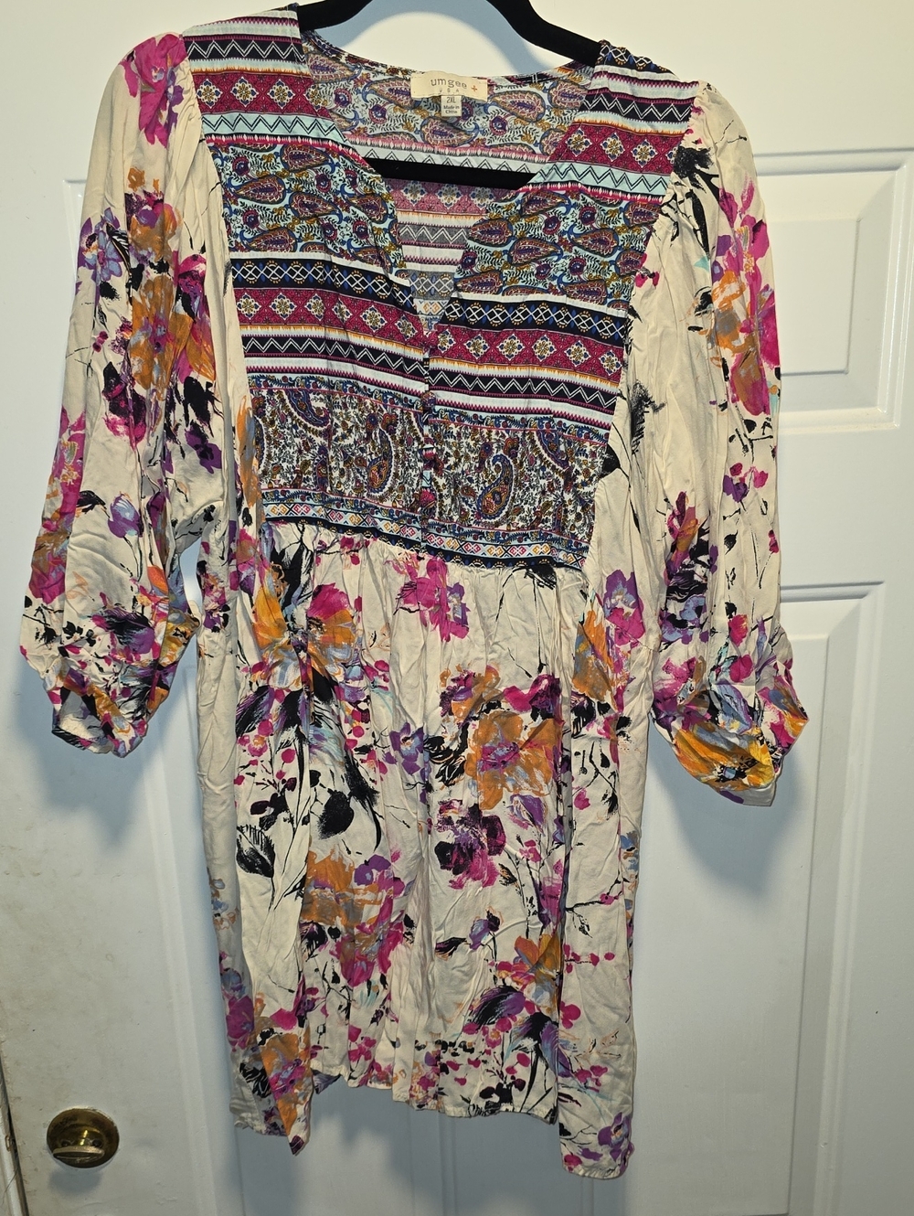 Umgee Cream Boho Tunic with Pink & Yellow Floral Accents